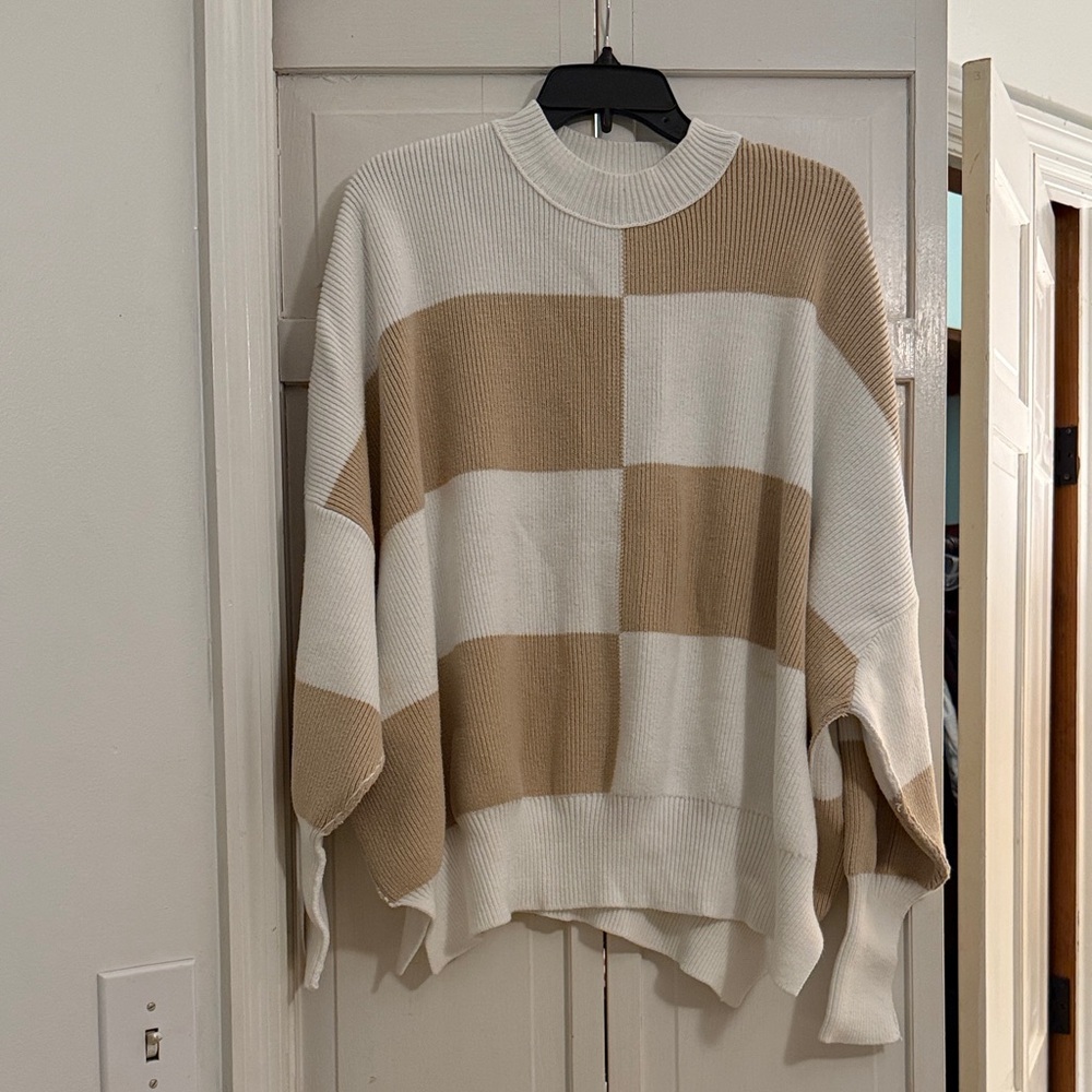 Free People Beige and White Checkered Sweater